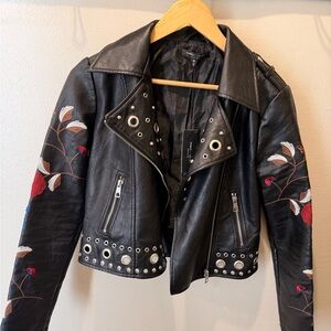 Romeo & Juliet Couture Black Leather Jacket with Floral Embroidery